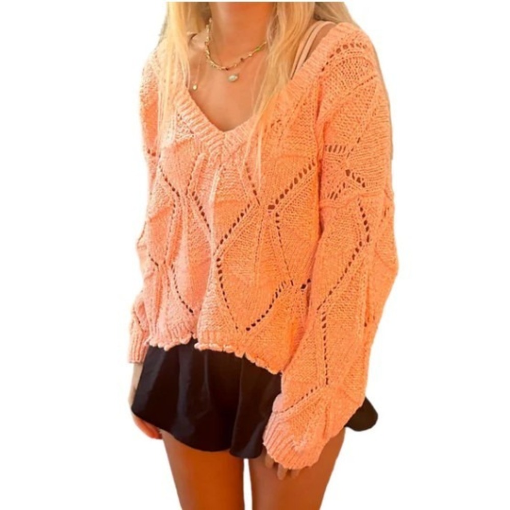 Mable Sweater V-Neck‎ Chunky Cable Knit Peach Romantic Oversized Womens Size SM